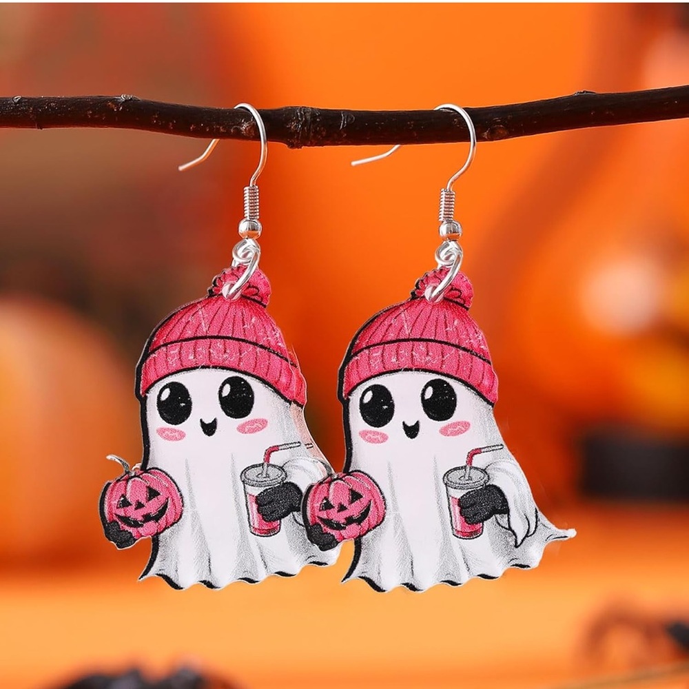 Ghost Holding Pumpkin and Drink Earrings NIP